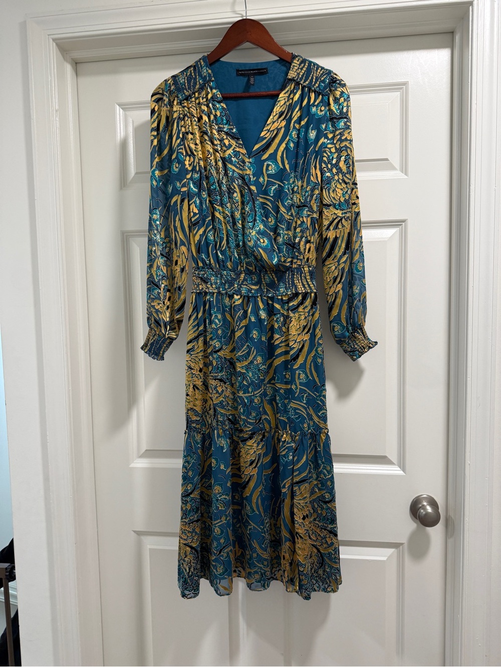 White House Black Market Teal and Gold Long Sleeve Midi Dress - Picture 2 of 14